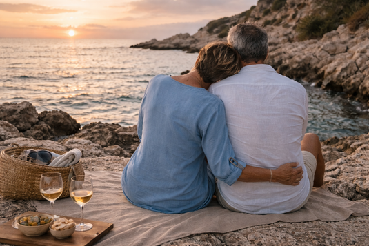 Couple sitting on a blanket by the ocean at sunset