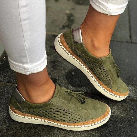 Mia - Stylish Olive Green Perforated Loafers