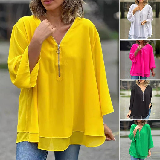 Melanie™ | Chiffon Zipper Top With V-neck